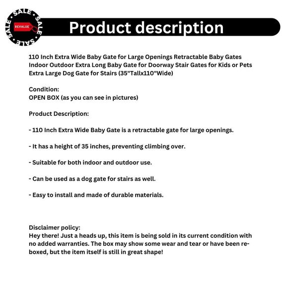 110" x 35" Retractable Baby Gate – Indoor/Outdoor Driveway Safety Barrier Fence - Picture 2 of 13